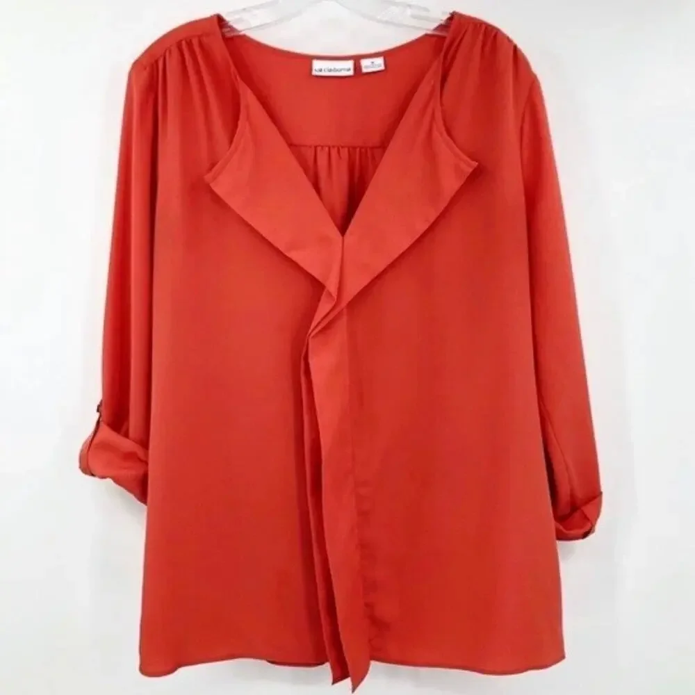 Liz Claiborne Women's Blouse M Coral Orange Shawl Collar Roll Tab Sleeve V Neck - Picture 2 of 7